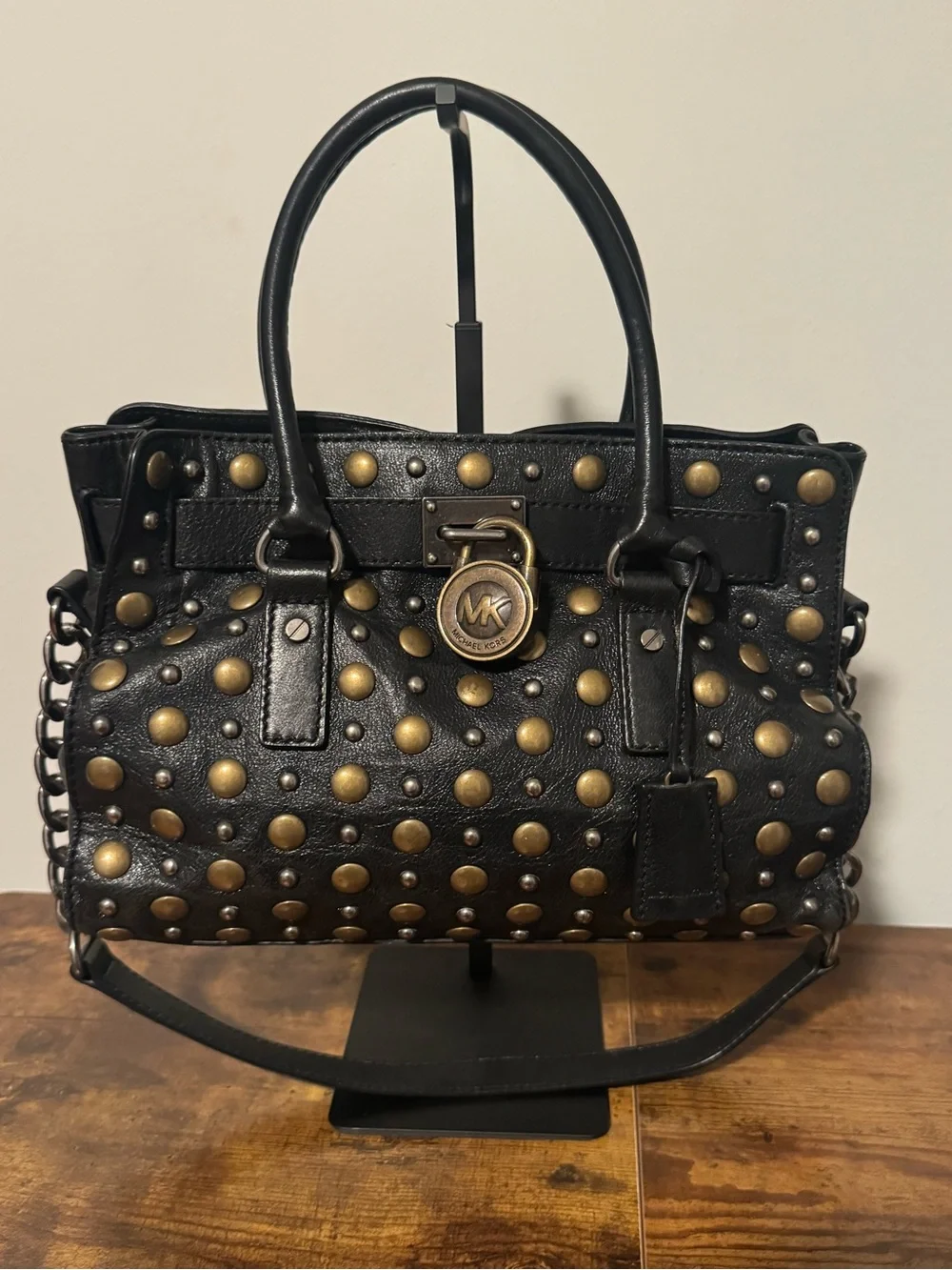 Michael Kors Black Leather Studded Satchel with Gold Accents